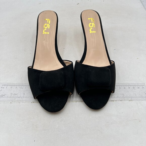 FSJ Black Casual Peep Toe Thin Mid Heels Backless Summer Sandals Slide On Mules - Picture 3 of 8